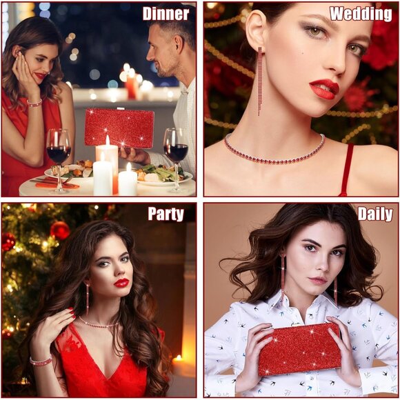 Red glitter evening jewelry set with clutch purse, necklace, bracelet and earrin - Picture 5 of 6